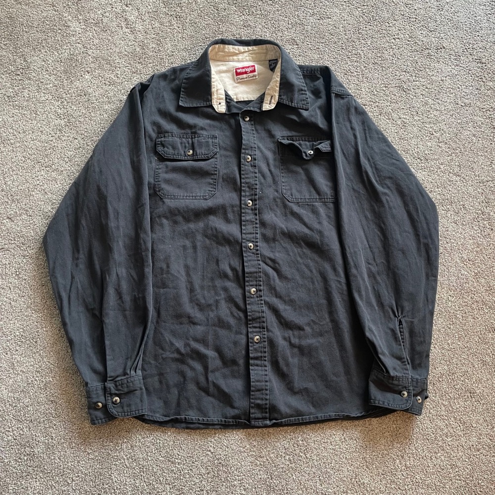 Mens Wrangler Button Down Shirt Large Black Excellent Long Sleeve Cotton Canvas